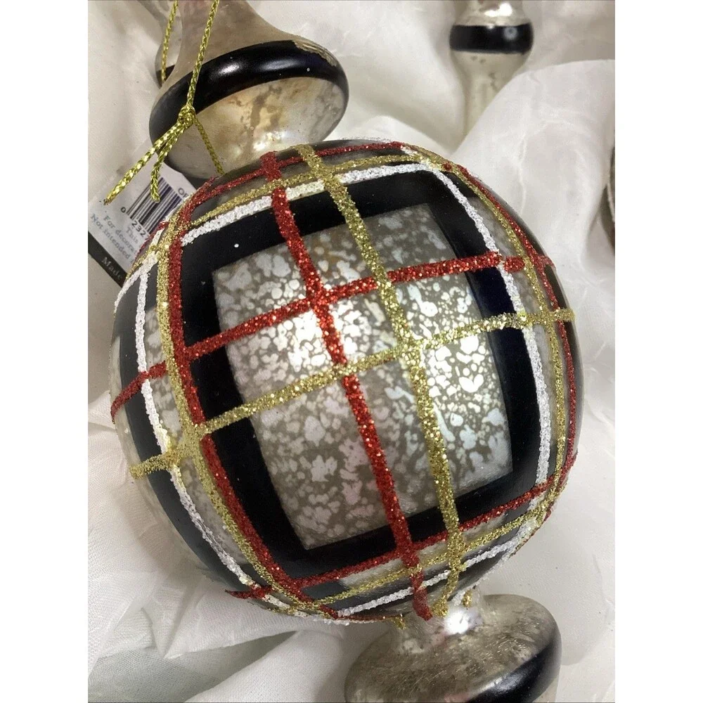 Mercury Glass Finial Christmas Plaid Ornaments X5 Black, Red, Gold & Silver 9